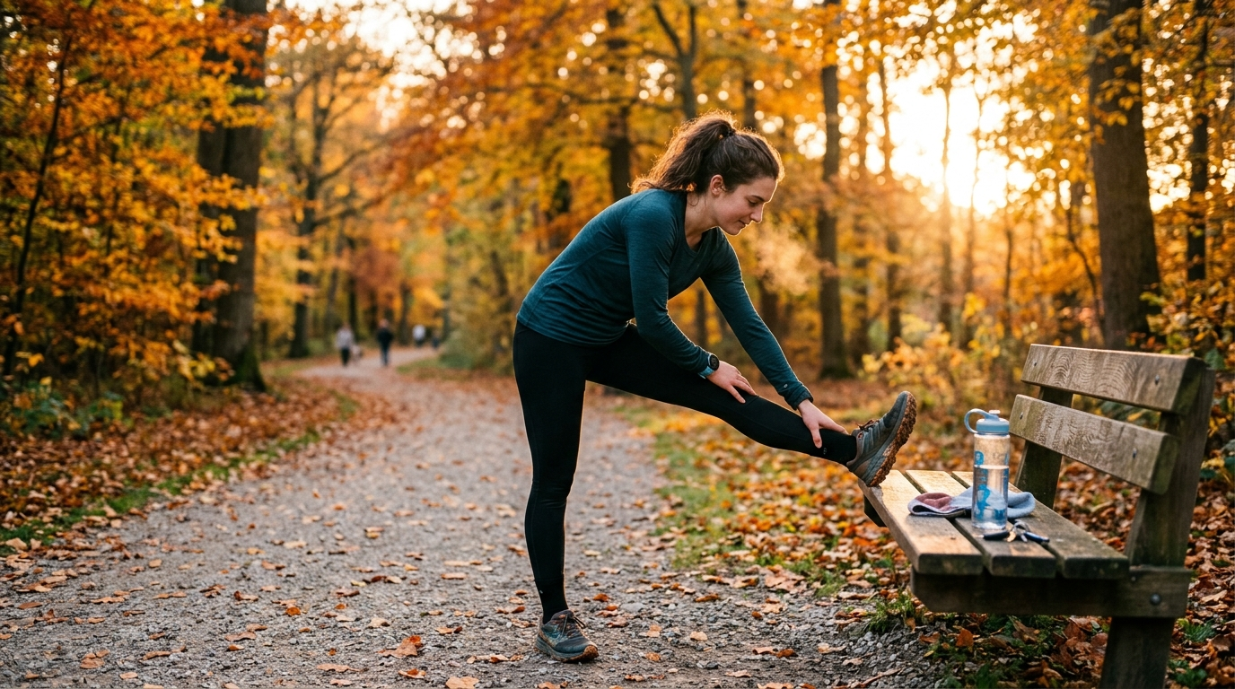 Läuferin streckt sich nach einem Joggen im Park bei Herbstlicht